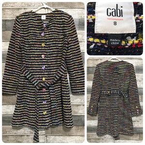 CAbi #5660 Headline Topper Coat Tweed Sz 8 Colorful Floral Buttons Boho Cottage